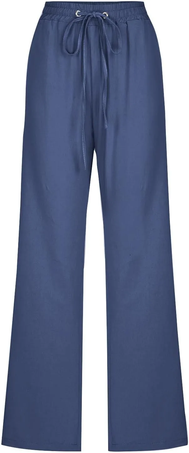 Cotton Linen Straight Leg Pants for Women Summer Casual High Waist Drawstring Trousers Loose Fit Solid Loungr Pants