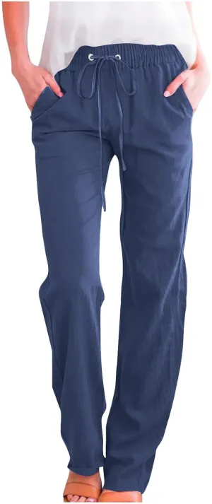 Cotton Linen Straight Leg Pants for Women Summer Casual High Waist Drawstring Trousers Loose Fit Solid Loungr Pants
