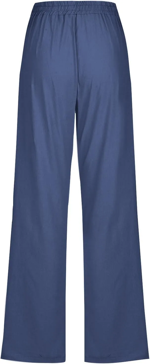 Cotton Linen Straight Leg Pants for Women Summer Casual High Waist Drawstring Trousers Loose Fit Solid Loungr Pants