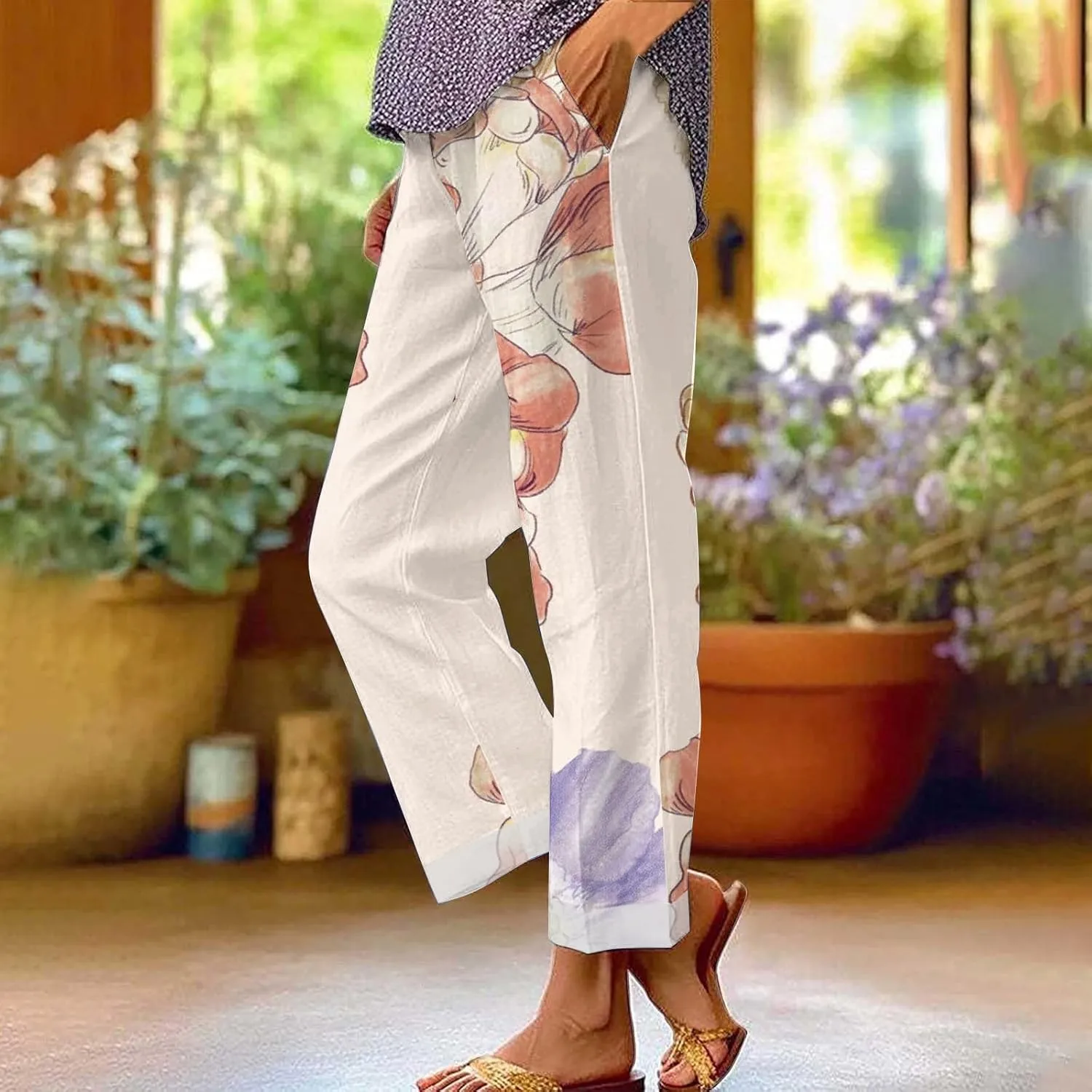 Cotton Pants for Women 2025 Summer Drawstring Lightweight Elastic High Waist Linen Pants Straight Wide Leg Capris