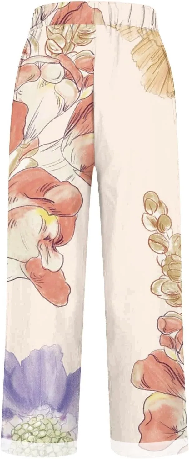Cotton Pants for Women 2025 Summer Drawstring Lightweight Elastic High Waist Linen Pants Straight Wide Leg Capris