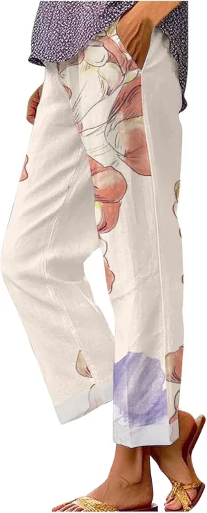 Cotton Pants for Women 2025 Summer Drawstring Lightweight Elastic High Waist Linen Pants Straight Wide Leg Capris