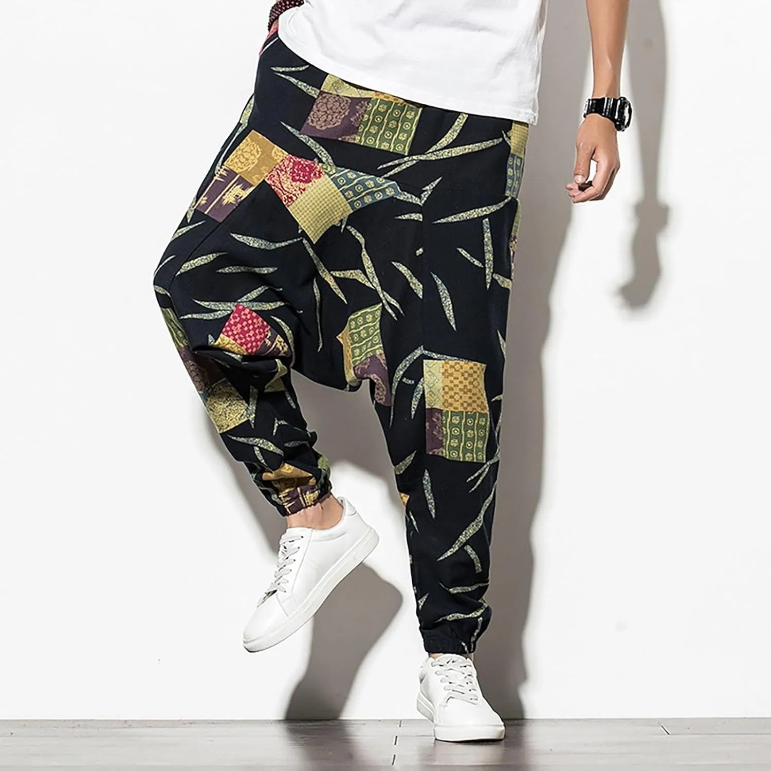 CRNTCEM Mens Printed Harem Pants Baggy Drop Crotch Boho Hippie Pants Straigth Leg Cotton Atheltic Yoga Trousers