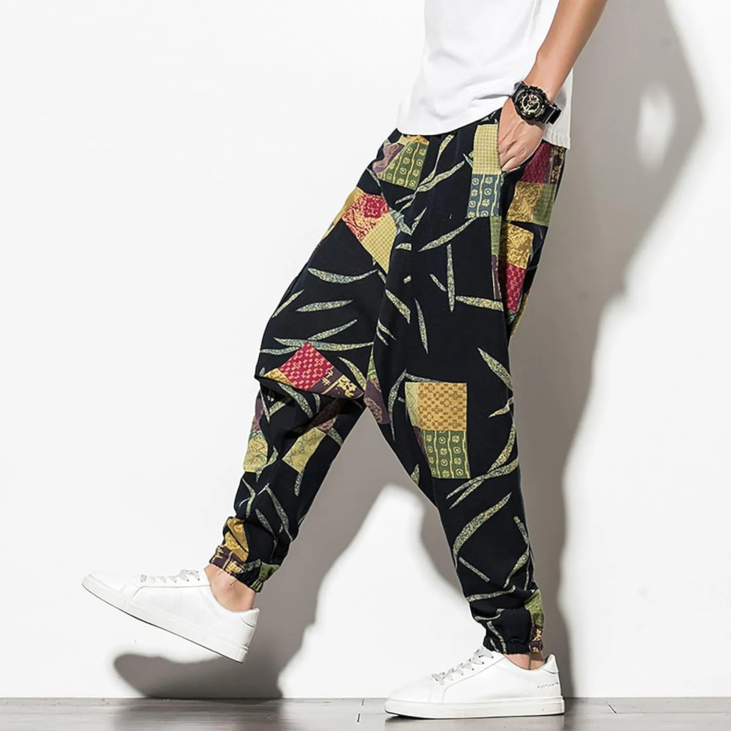 CRNTCEM Mens Printed Harem Pants Baggy Drop Crotch Boho Hippie Pants Straigth Leg Cotton Atheltic Yoga Trousers