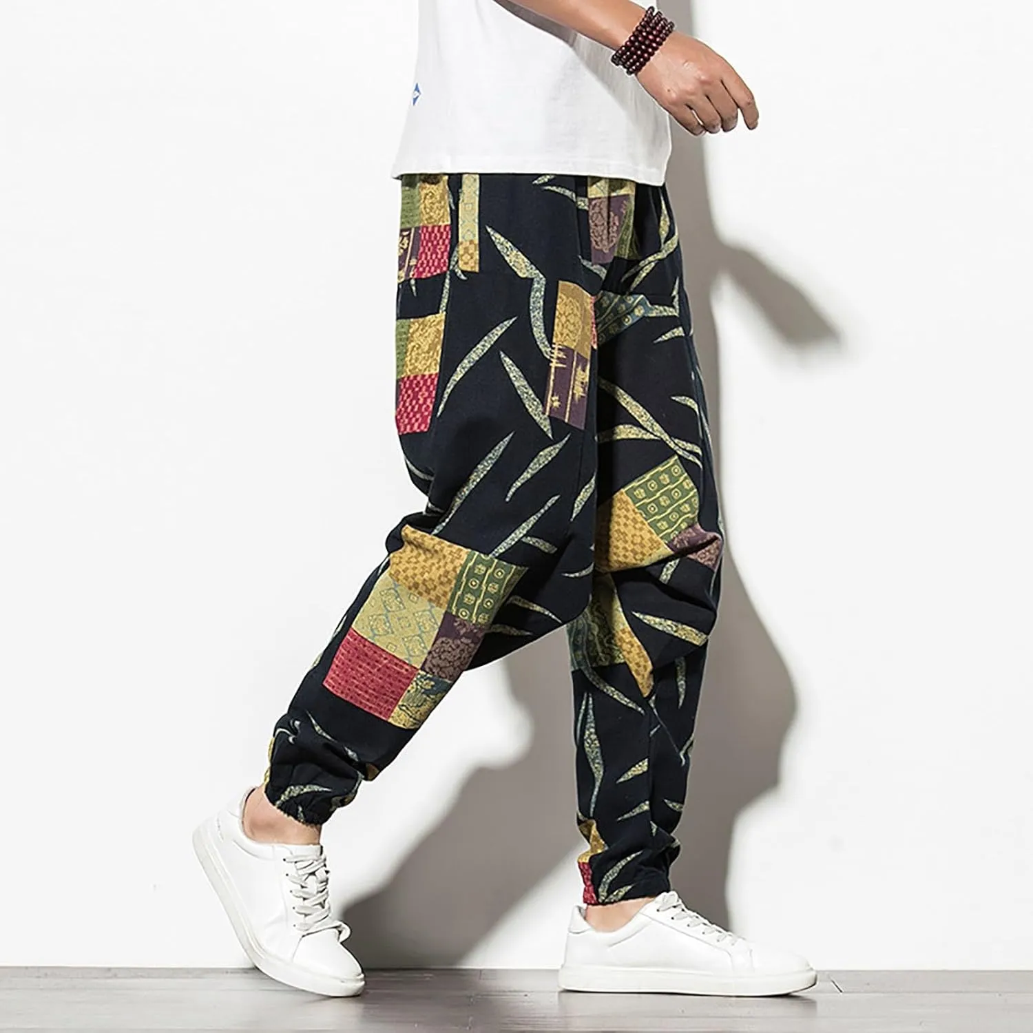 CRNTCEM Mens Printed Harem Pants Baggy Drop Crotch Boho Hippie Pants Straigth Leg Cotton Atheltic Yoga Trousers