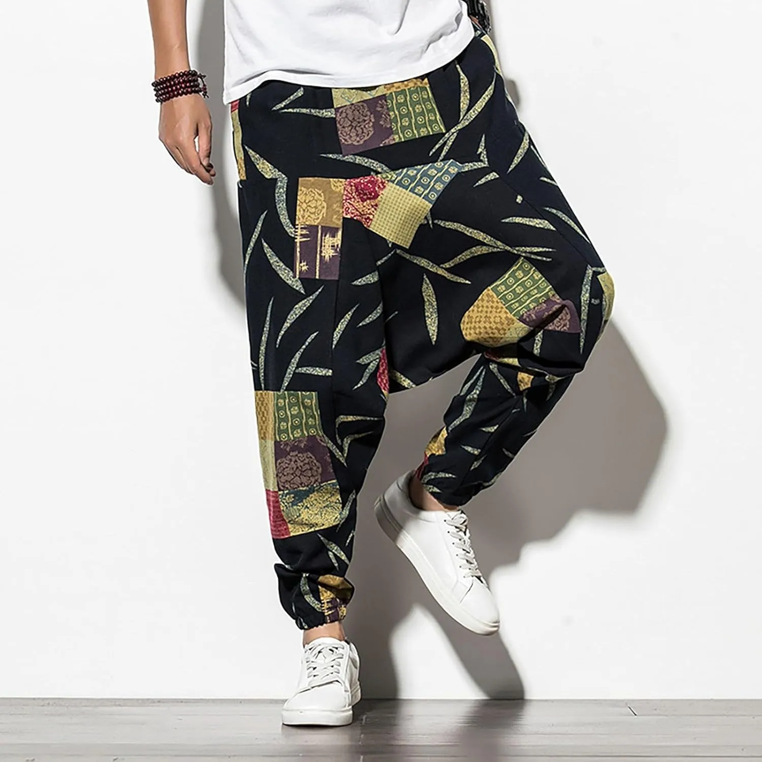 CRNTCEM Mens Printed Harem Pants Baggy Drop Crotch Boho Hippie Pants Straigth Leg Cotton Atheltic Yoga Trousers