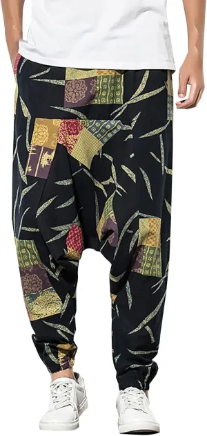 CRNTCEM Mens Printed Harem Pants Baggy Drop Crotch Boho Hippie Pants Straigth Leg Cotton Atheltic Yoga Trousers