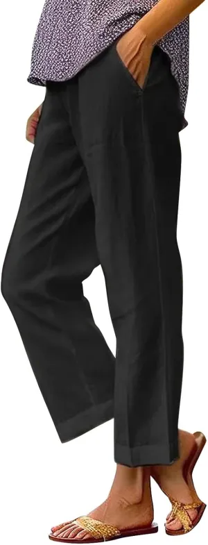 Cropped Linen Pants Women Summer Elastic Waist Straight Leg Plus Size Crop Pants Casual Beach Trousers with Pockets