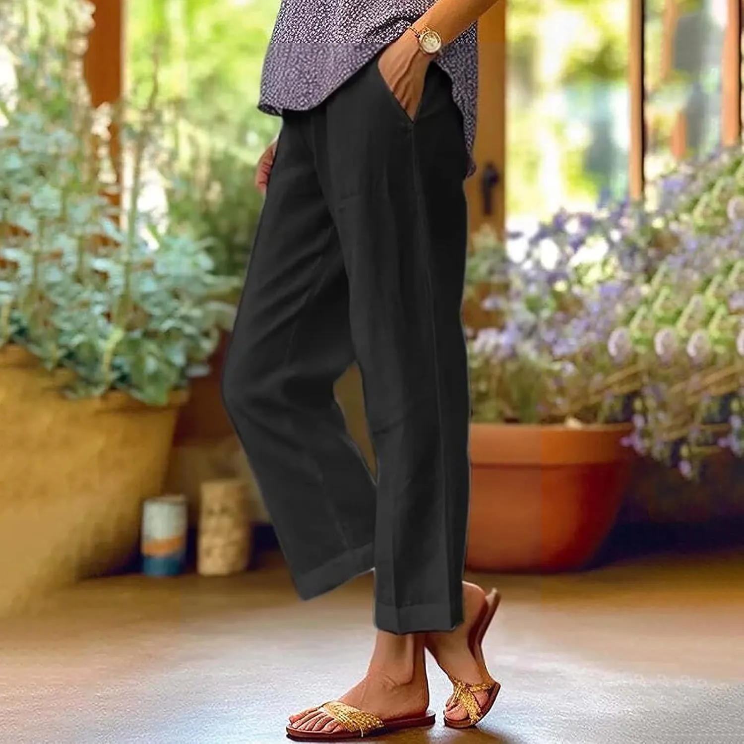 Cropped Linen Pants Women Summer Elastic Waist Straight Leg Plus Size Crop Pants Casual Beach Trousers with Pockets