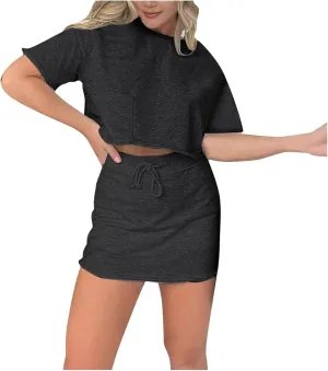 Cropped Tee Skort Set Sweat Skirt Sets Women 2 Piece Outfits Two Piece Tennis Skirt Set for Women Dressy Long
