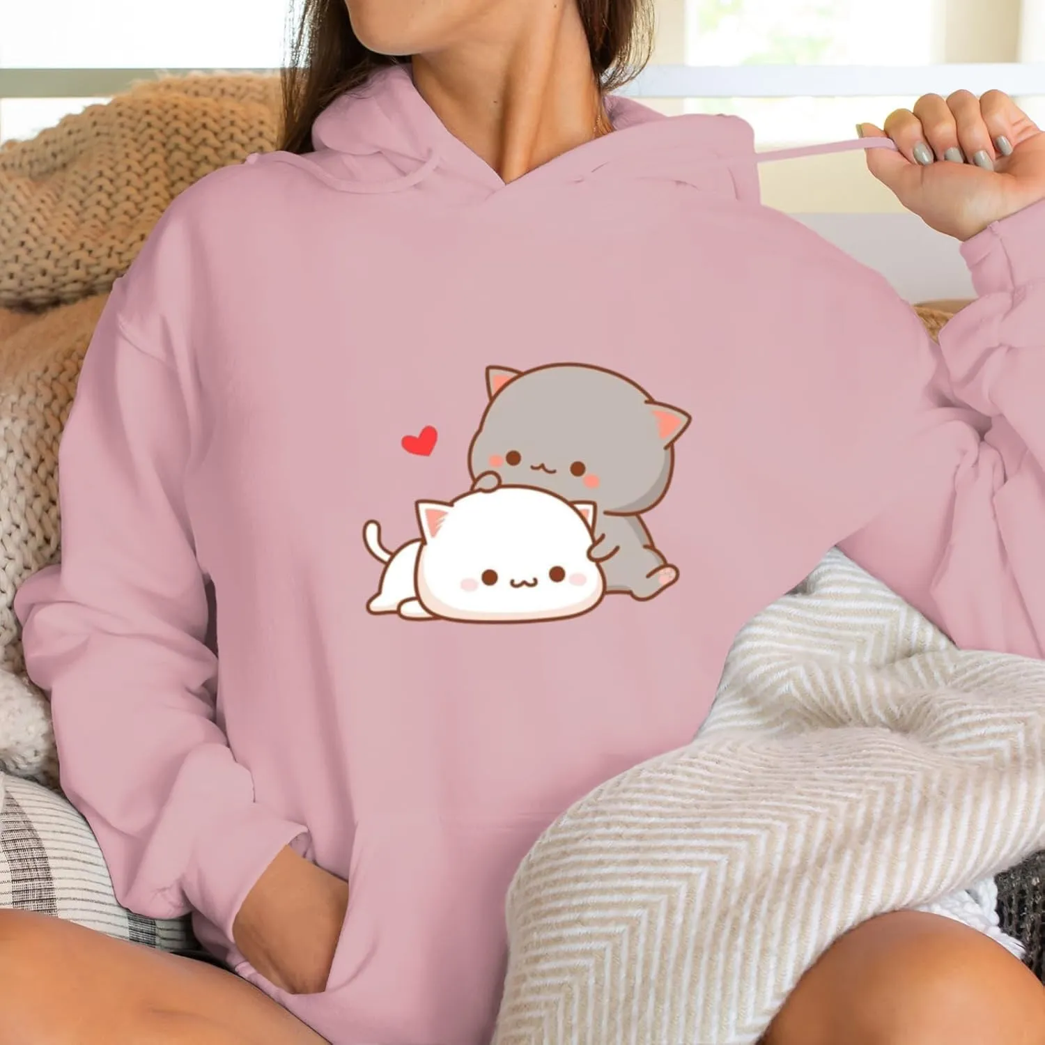 Cute Cat Graphic Hoodies Aesthetic Hooded Sweatshirts for Teen Girls Kawaii Cartoon Anime Lightweight Pullover Tops