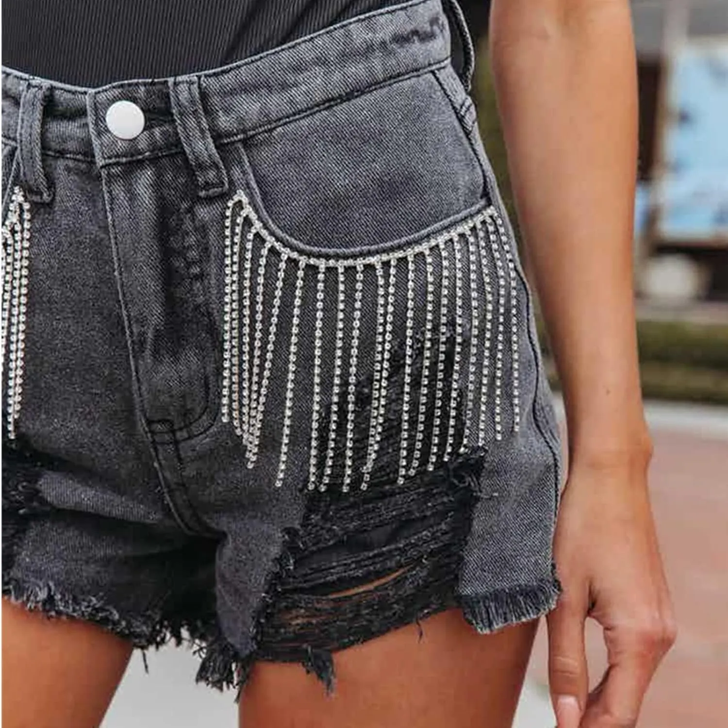 Cyparel Women's Rhinestone Denim Shorts Mid Waist Ripped Frayed Raw Hem Tessles Stretchy Jean Shorts with Pockets