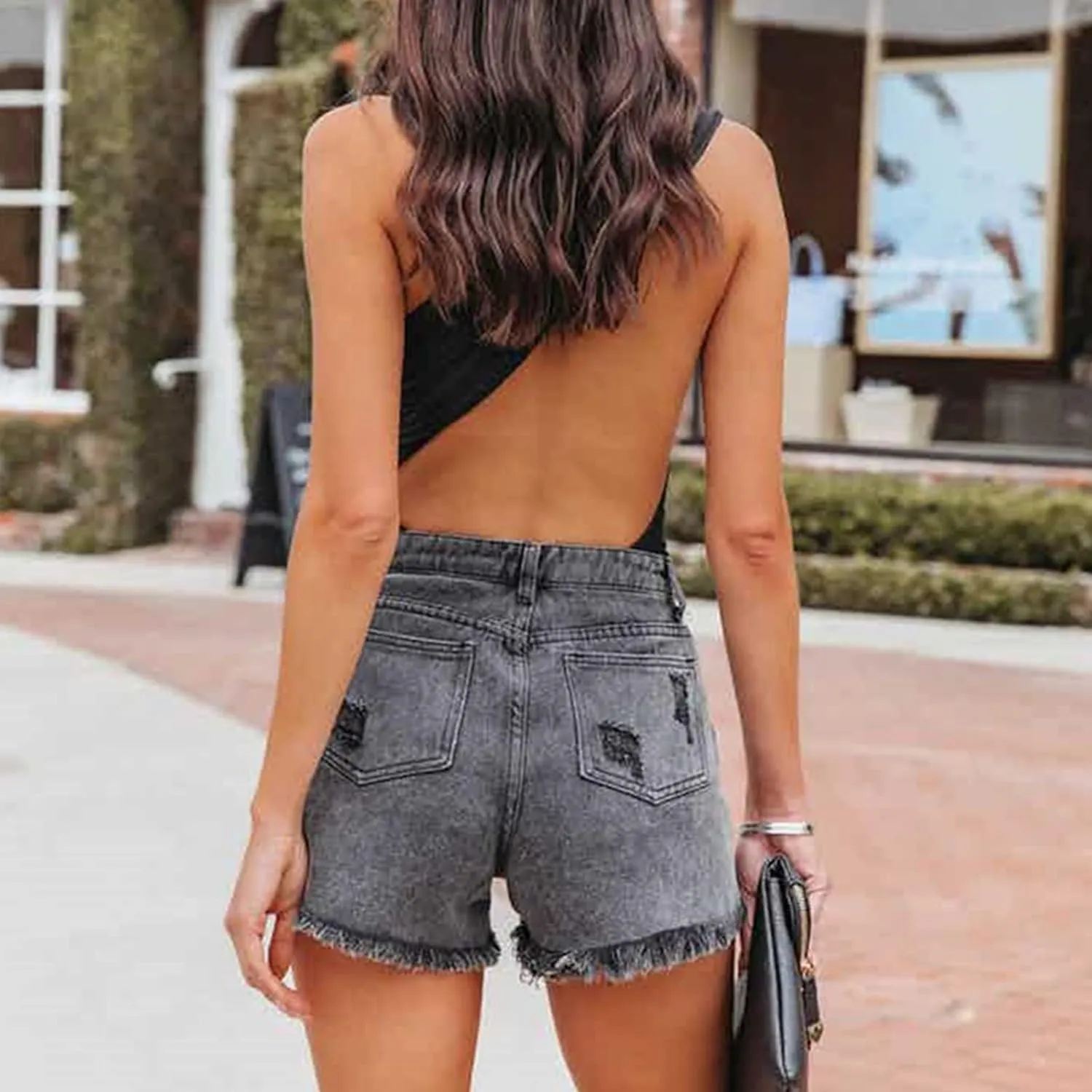 Cyparel Women's Rhinestone Denim Shorts Mid Waist Ripped Frayed Raw Hem Tessles Stretchy Jean Shorts with Pockets