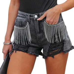 Cyparel Women's Rhinestone Denim Shorts Mid Waist Ripped Frayed Raw Hem Tessles Stretchy Jean Shorts with Pockets