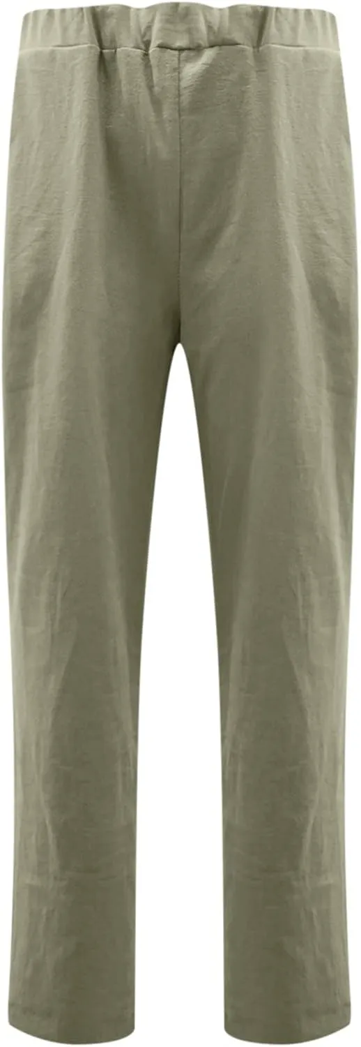 DASAYO Women's Elastic Waist Linen Pants Trendy Cotton Loose Fit Solid Casual Summer Lounge 2 Pockets Crop Straight Trousers