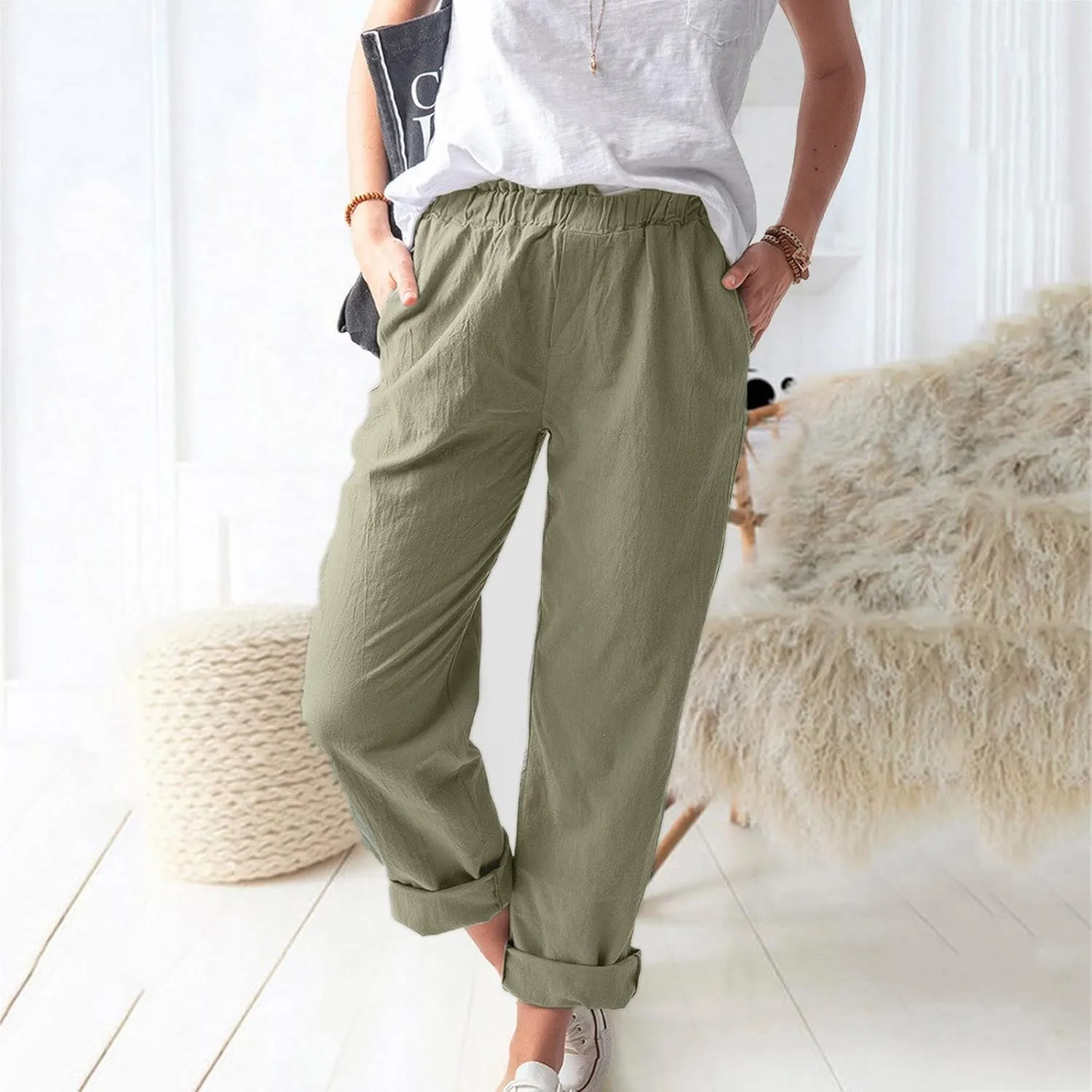 DASAYO Women's Elastic Waist Linen Pants Trendy Cotton Loose Fit Solid Casual Summer Lounge 2 Pockets Crop Straight Trousers