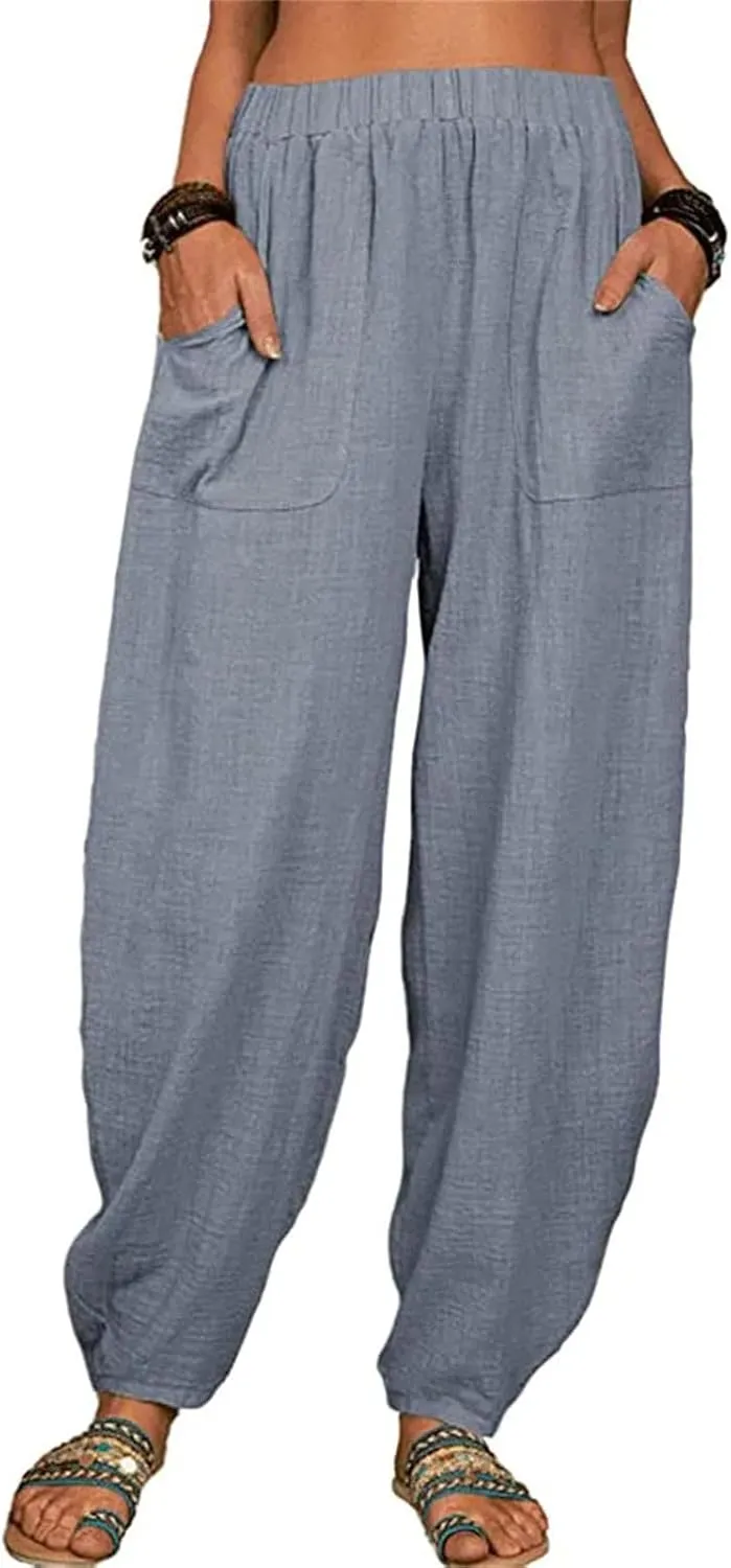 Dcvmvmn Women's Cotton Linen Harem Pants Loose Elegant Drawstring Elastic Waist Casual Trousers