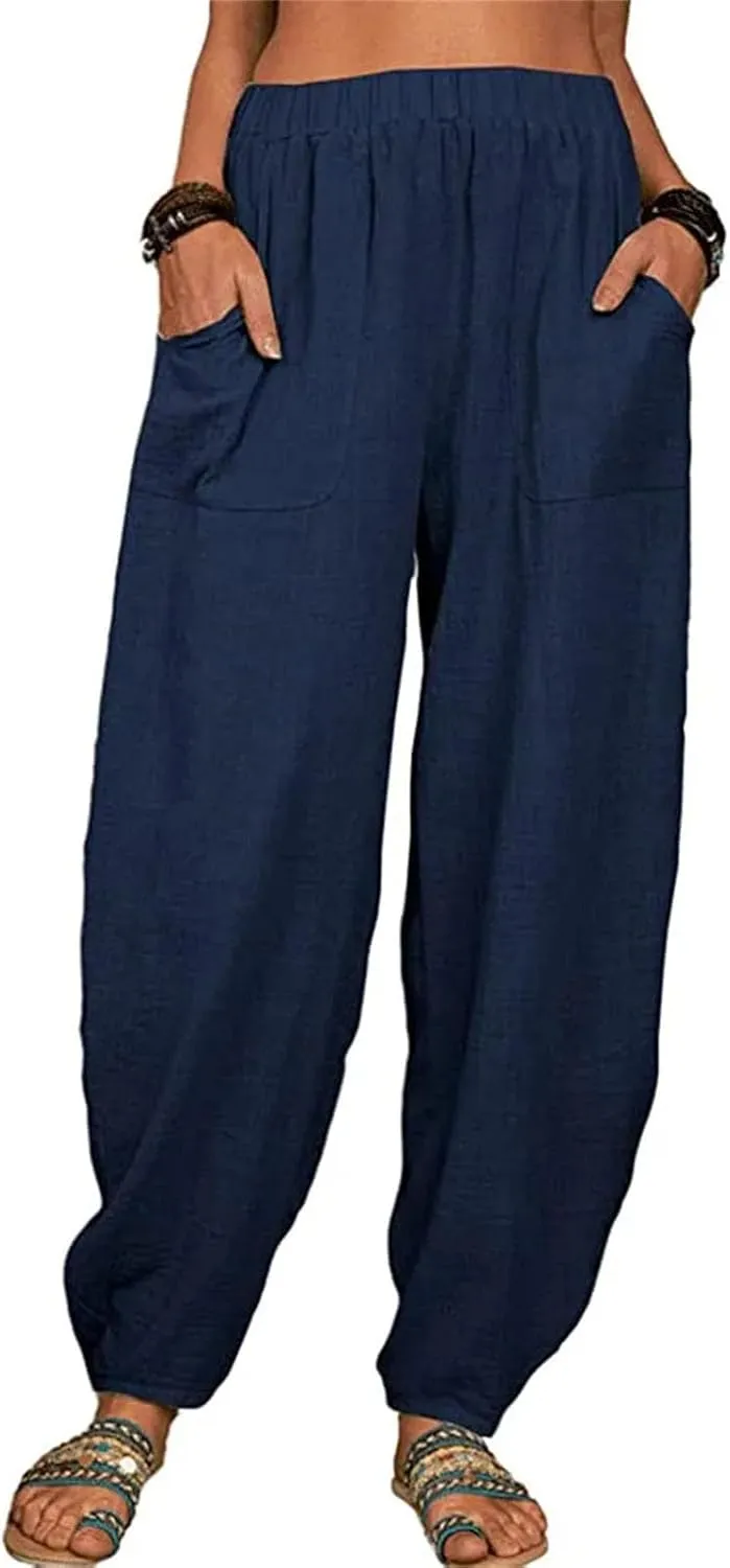 Dcvmvmn Women's Cotton Linen Harem Pants Loose Elegant Drawstring Elastic Waist Casual Trousers