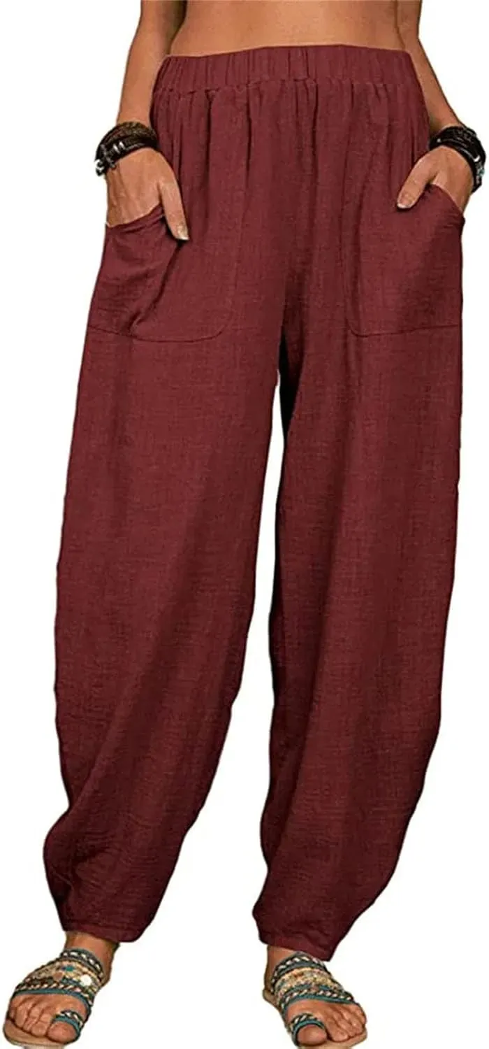 Dcvmvmn Women's Cotton Linen Harem Pants Loose Elegant Drawstring Elastic Waist Casual Trousers