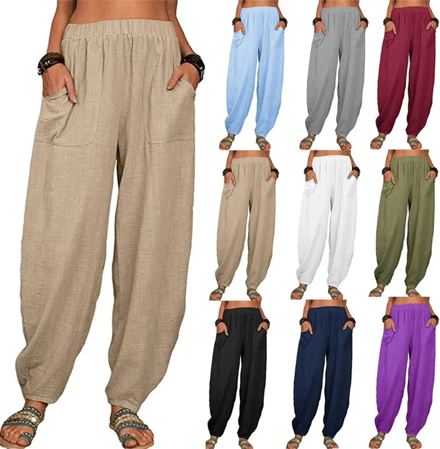 Dcvmvmn Women's Cotton Linen Harem Pants Loose Elegant Drawstring Elastic Waist Casual Trousers