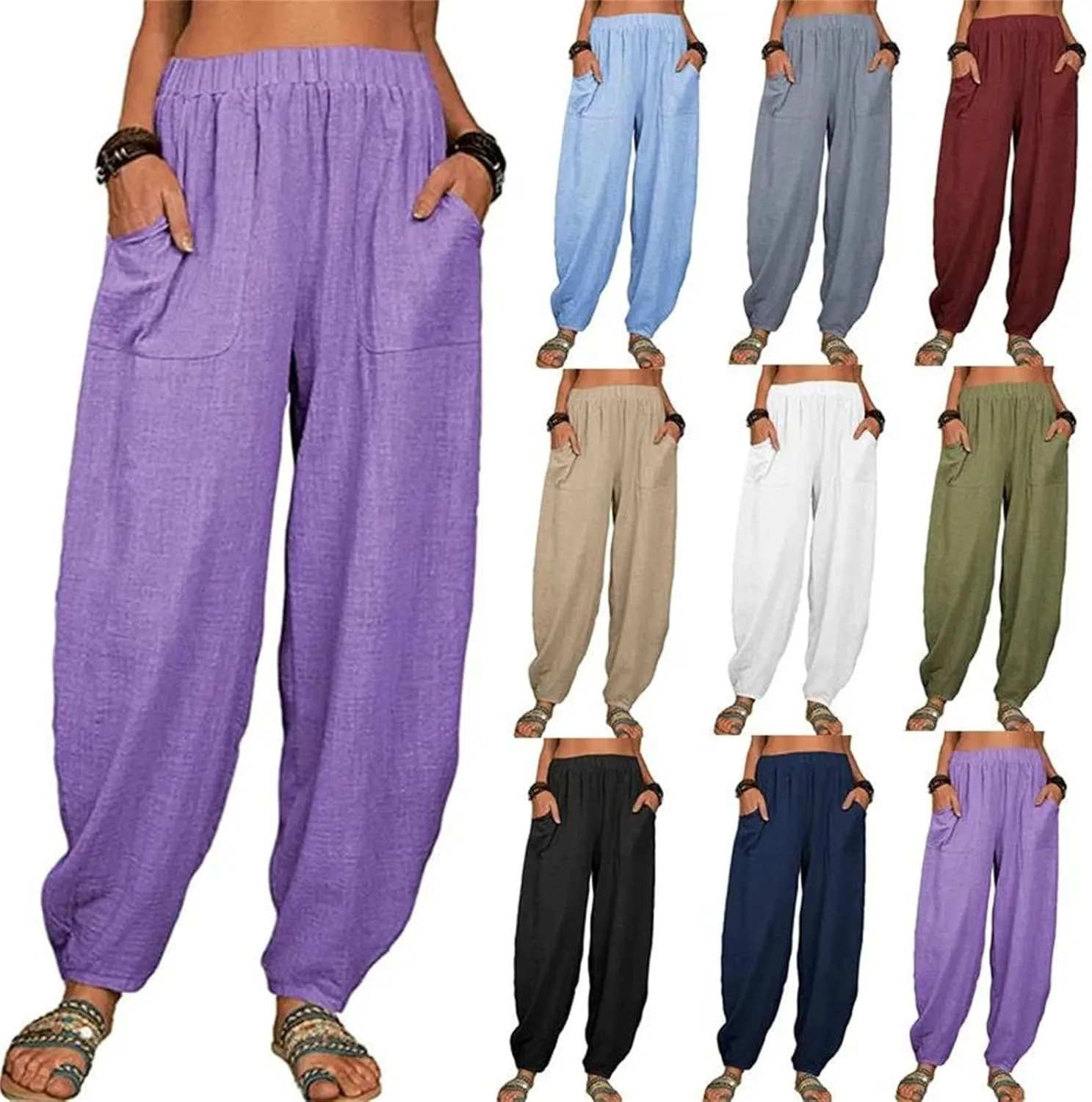 Dcvmvmn Women's Cotton Linen Harem Pants Loose Elegant Drawstring Elastic Waist Casual Trousers