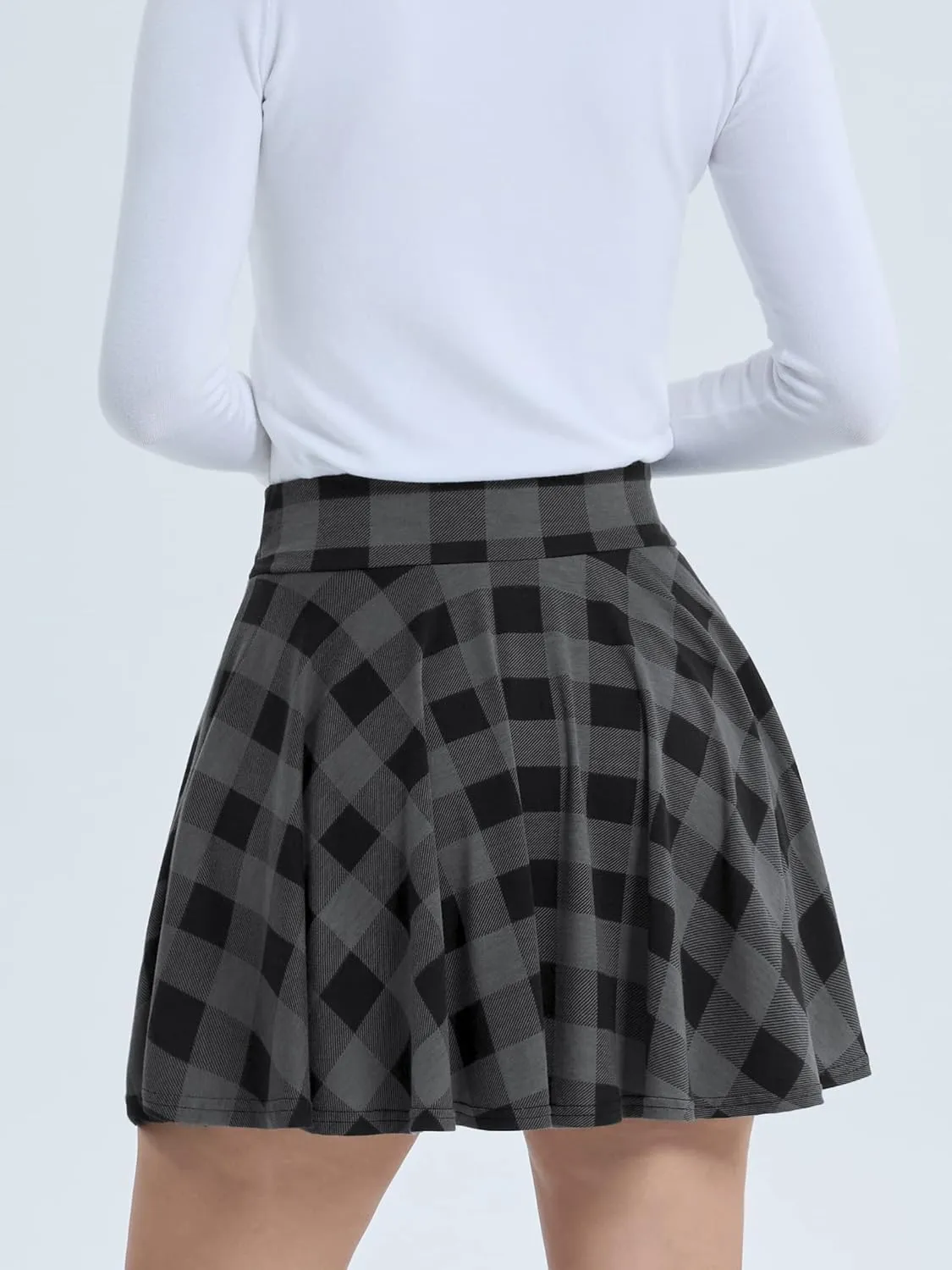 DJT Women Plaid Skirts Soft Stretchy High Waist Flared A-Line Mini Skater Skirt with Shorts