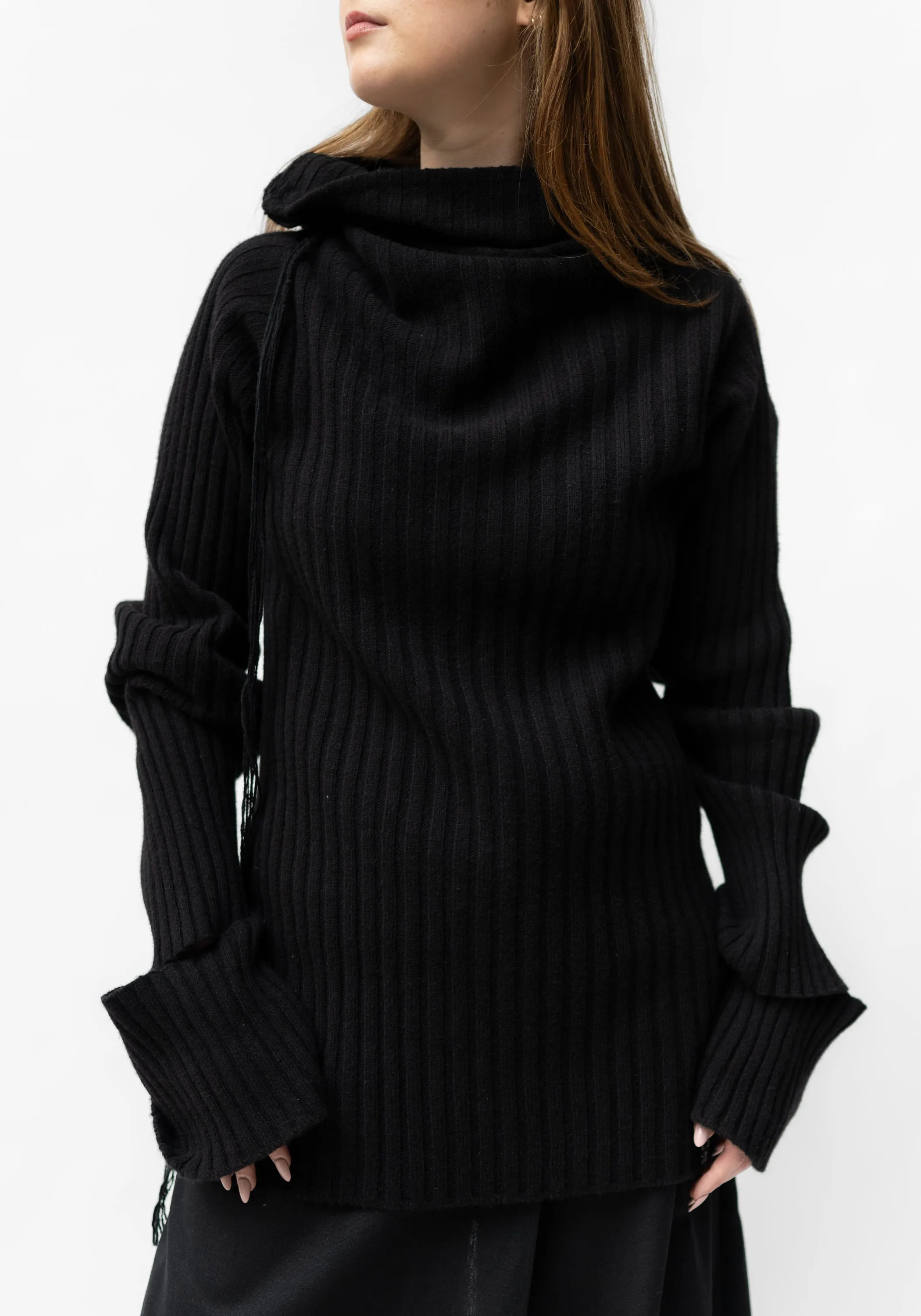 Donzo Hand Embroidered High Snap Neck Black Wool and Cashmere Blend Pullover