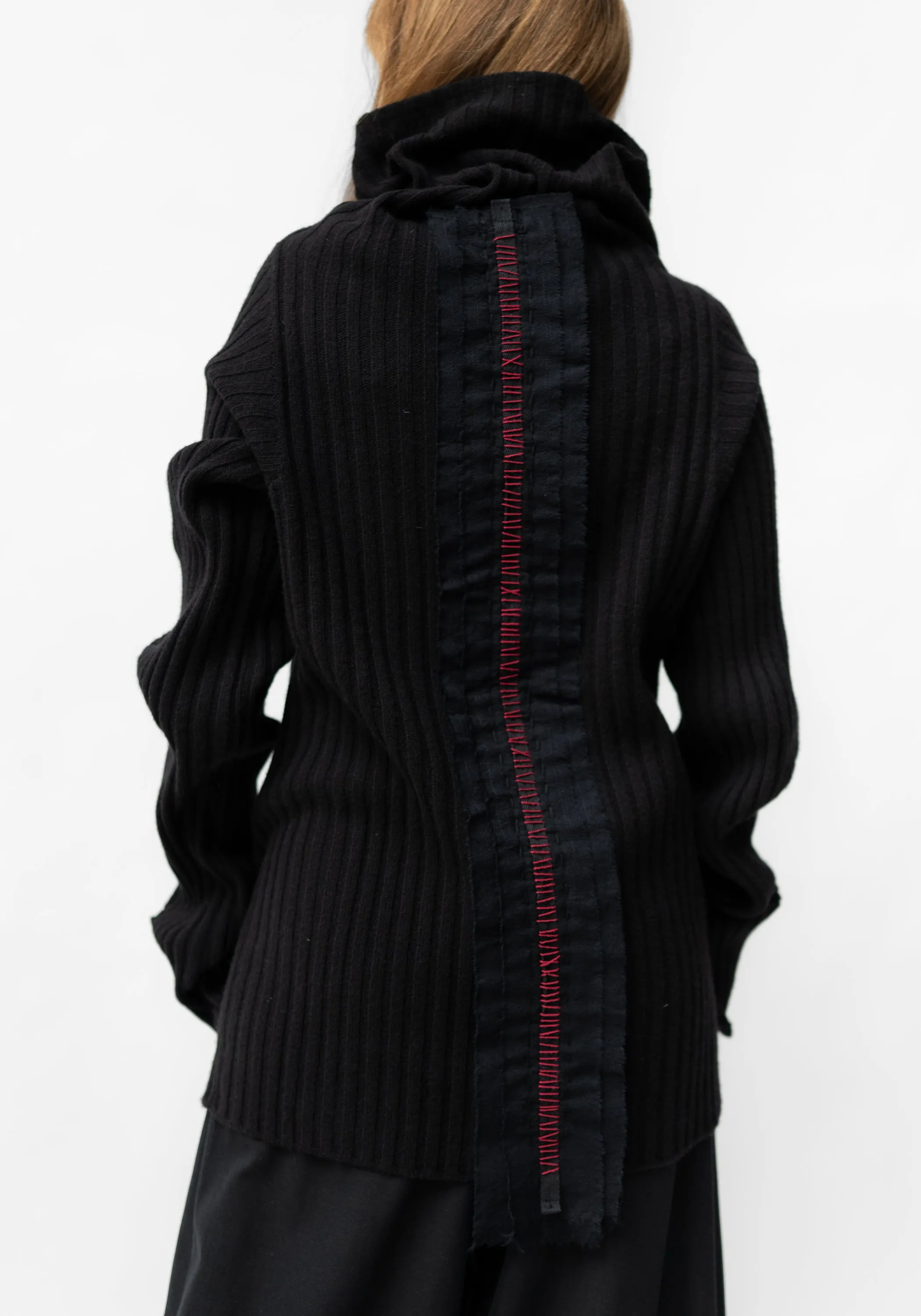 Donzo Hand Embroidered High Snap Neck Black Wool and Cashmere Blend Pullover