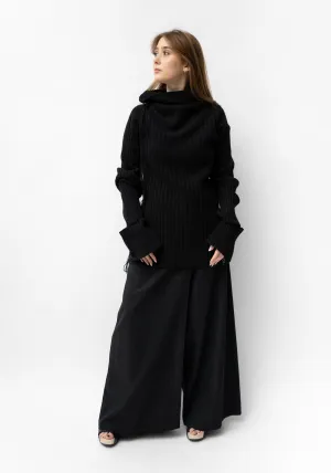 Donzo Hand Embroidered High Snap Neck Black Wool and Cashmere Blend Pullover