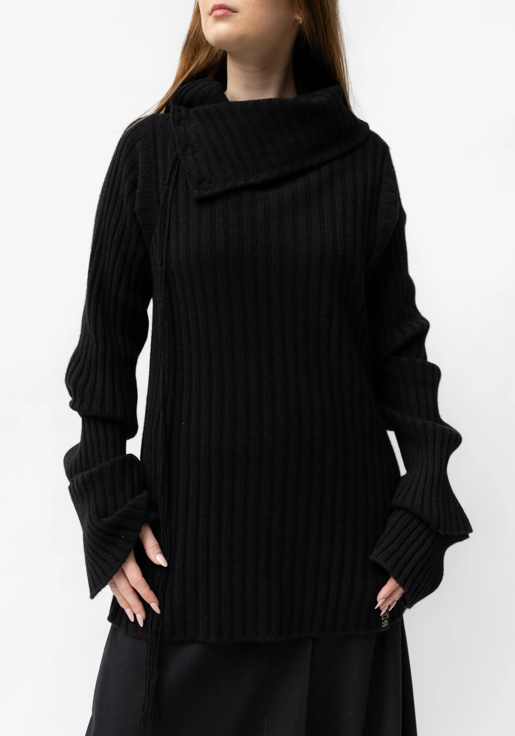 Donzo Hand Embroidered High Snap Neck Black Wool and Cashmere Blend Pullover