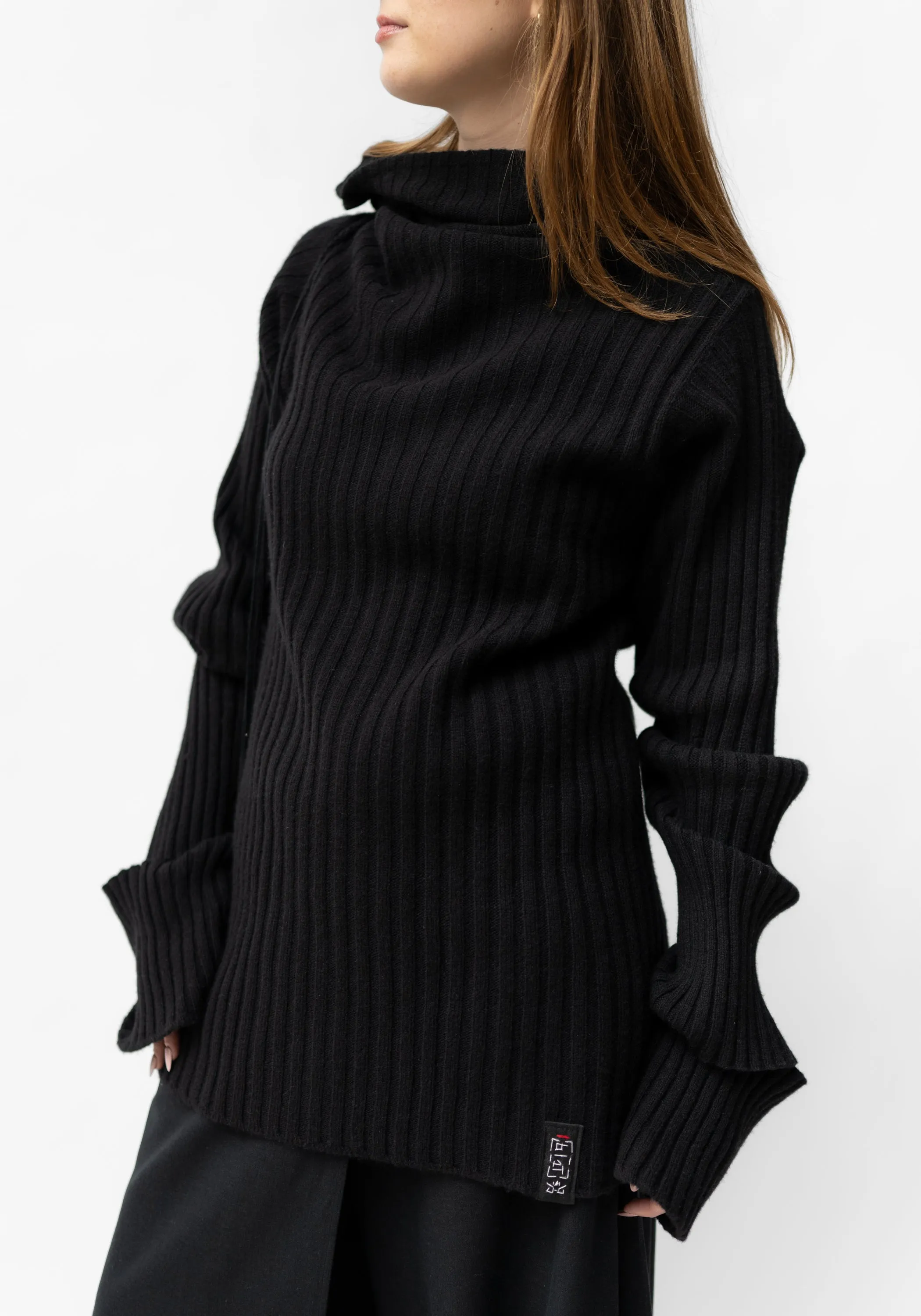 Donzo Hand Embroidered High Snap Neck Black Wool and Cashmere Blend Pullover