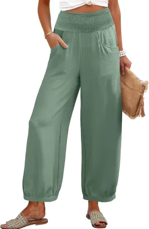 Dress Pants Women Plus Size Elastic Waist Summer Linen Pants Wide Leg Flowy Loose Fit Lightweight Beach Trousers