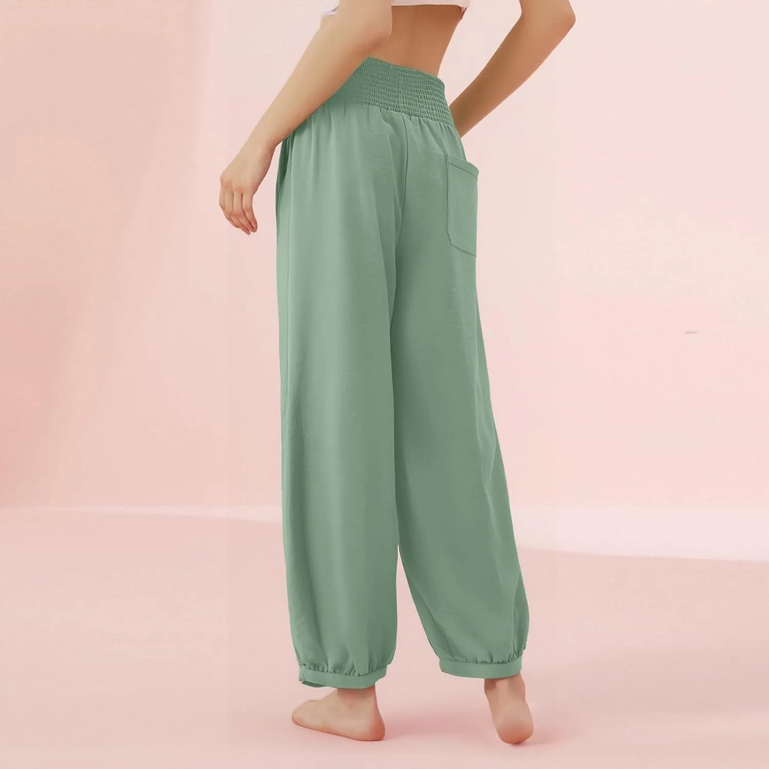 Dress Pants Women Plus Size Elastic Waist Summer Linen Pants Wide Leg Flowy Loose Fit Lightweight Beach Trousers
