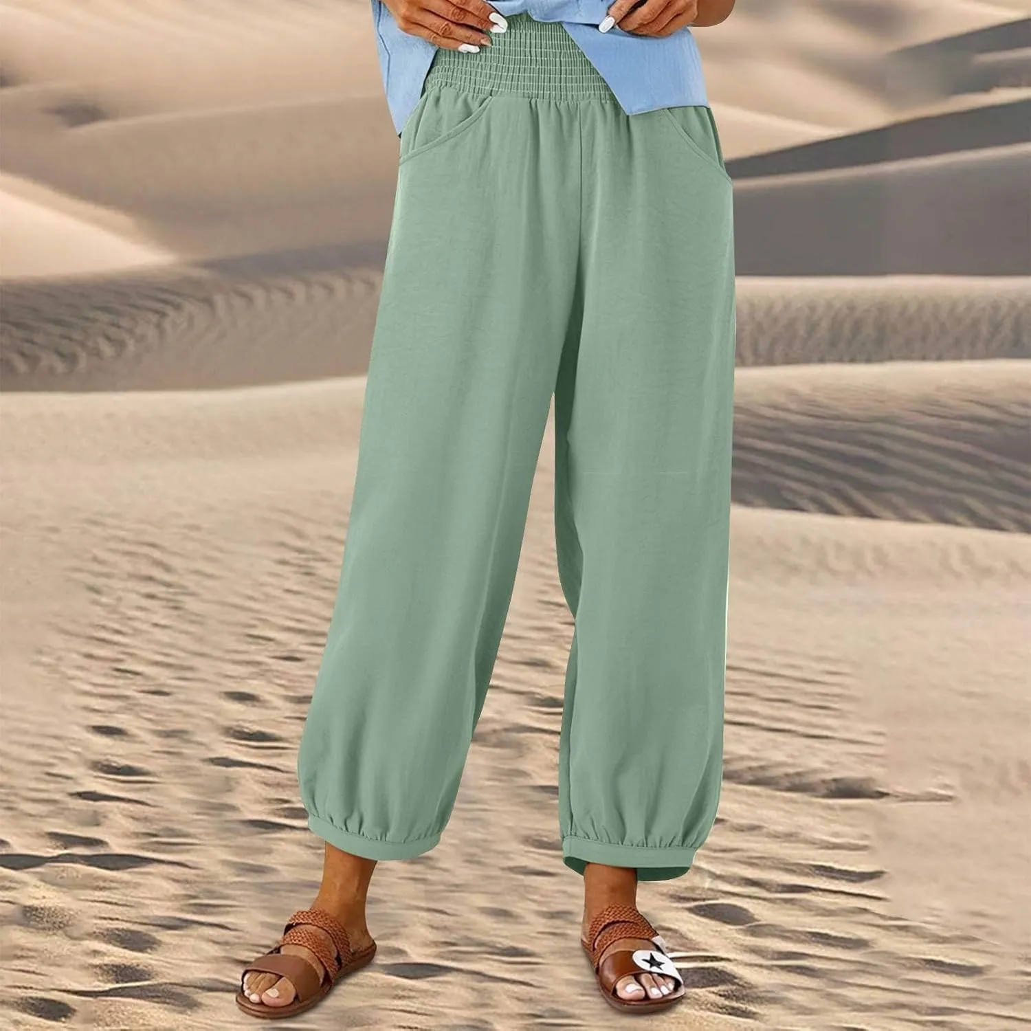 Dress Pants Women Plus Size Elastic Waist Summer Linen Pants Wide Leg Flowy Loose Fit Lightweight Beach Trousers