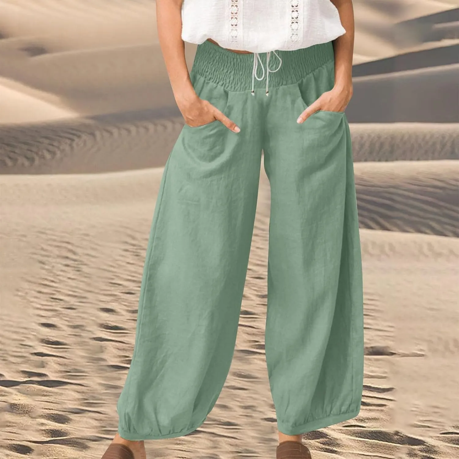 Dress Pants Women Plus Size Elastic Waist Summer Linen Pants Wide Leg Flowy Loose Fit Lightweight Beach Trousers