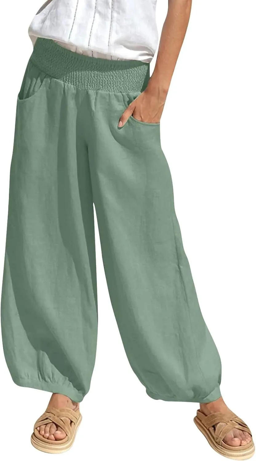 Dress Pants Women Plus Size Elastic Waist Summer Linen Pants Wide Leg Flowy Loose Fit Lightweight Beach Trousers