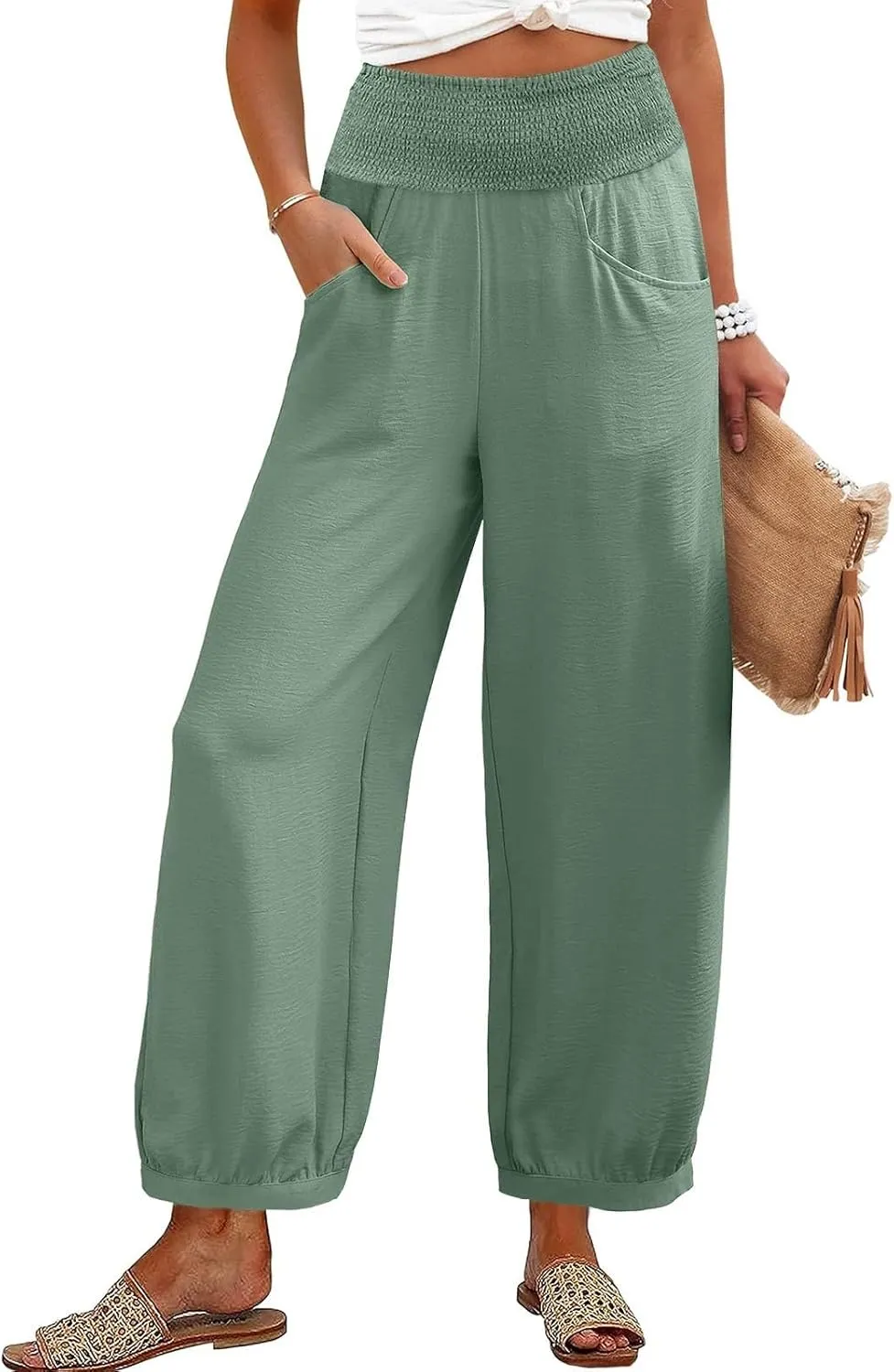 Dress Pants Women Plus Size Elastic Waist Summer Linen Pants Wide Leg Flowy Loose Fit Lightweight Beach Trousers