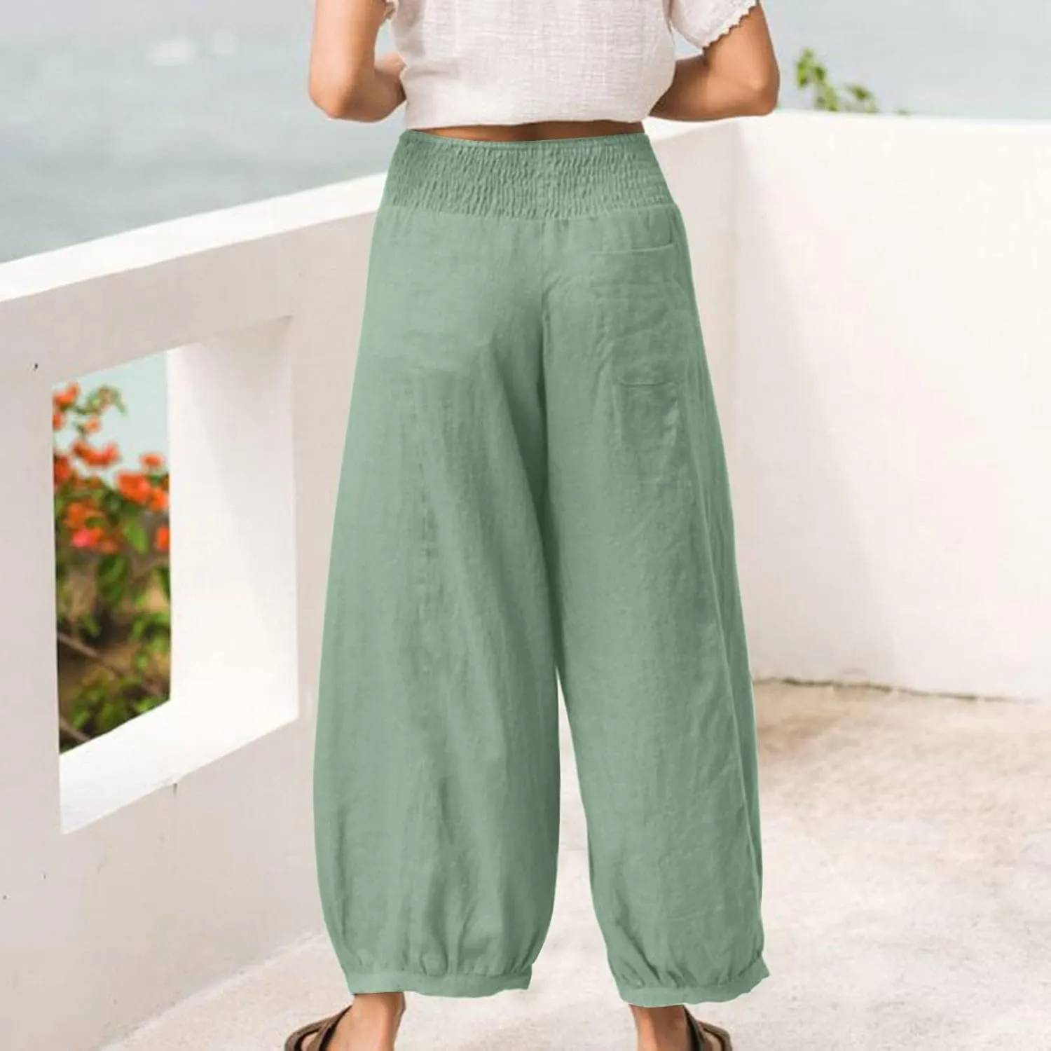 Dress Pants Women Plus Size Elastic Waist Summer Linen Pants Wide Leg Flowy Loose Fit Lightweight Beach Trousers