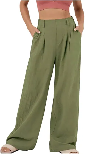 Dressy Cotton Linen Pants for Women, Pleated High Waist Palazzo Trousers Relax Fit Business Work Office Casual Pant