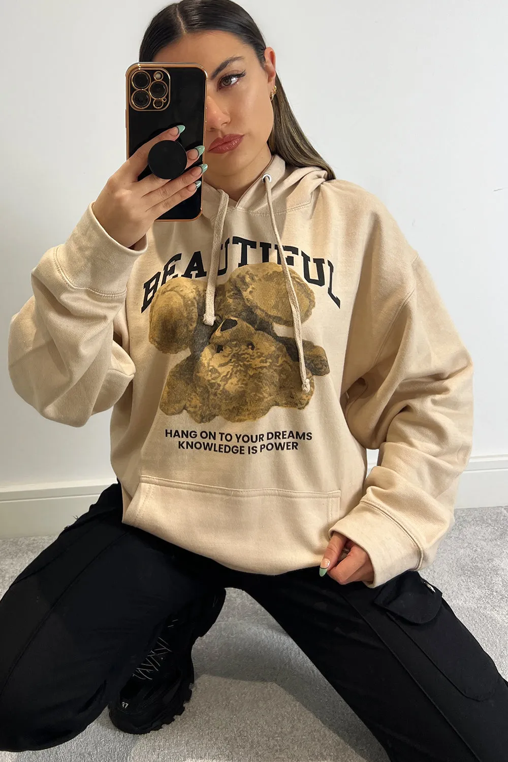 Ellis Beige Beautiful Teddy Graphic Print Oversized Hoodie