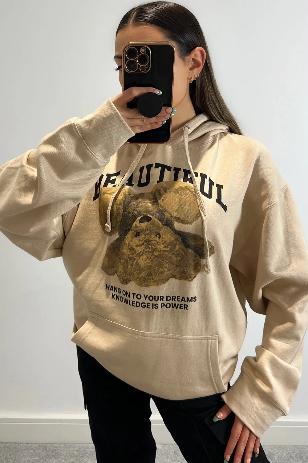 Ellis Beige Beautiful Teddy Graphic Print Oversized Hoodie