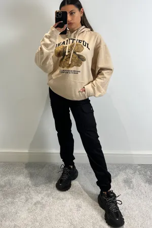 Ellis Beige Beautiful Teddy Graphic Print Oversized Hoodie