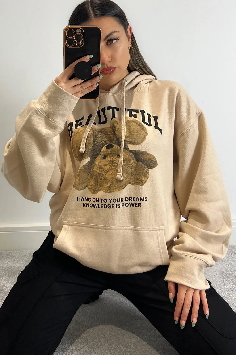 Ellis Beige Beautiful Teddy Graphic Print Oversized Hoodie