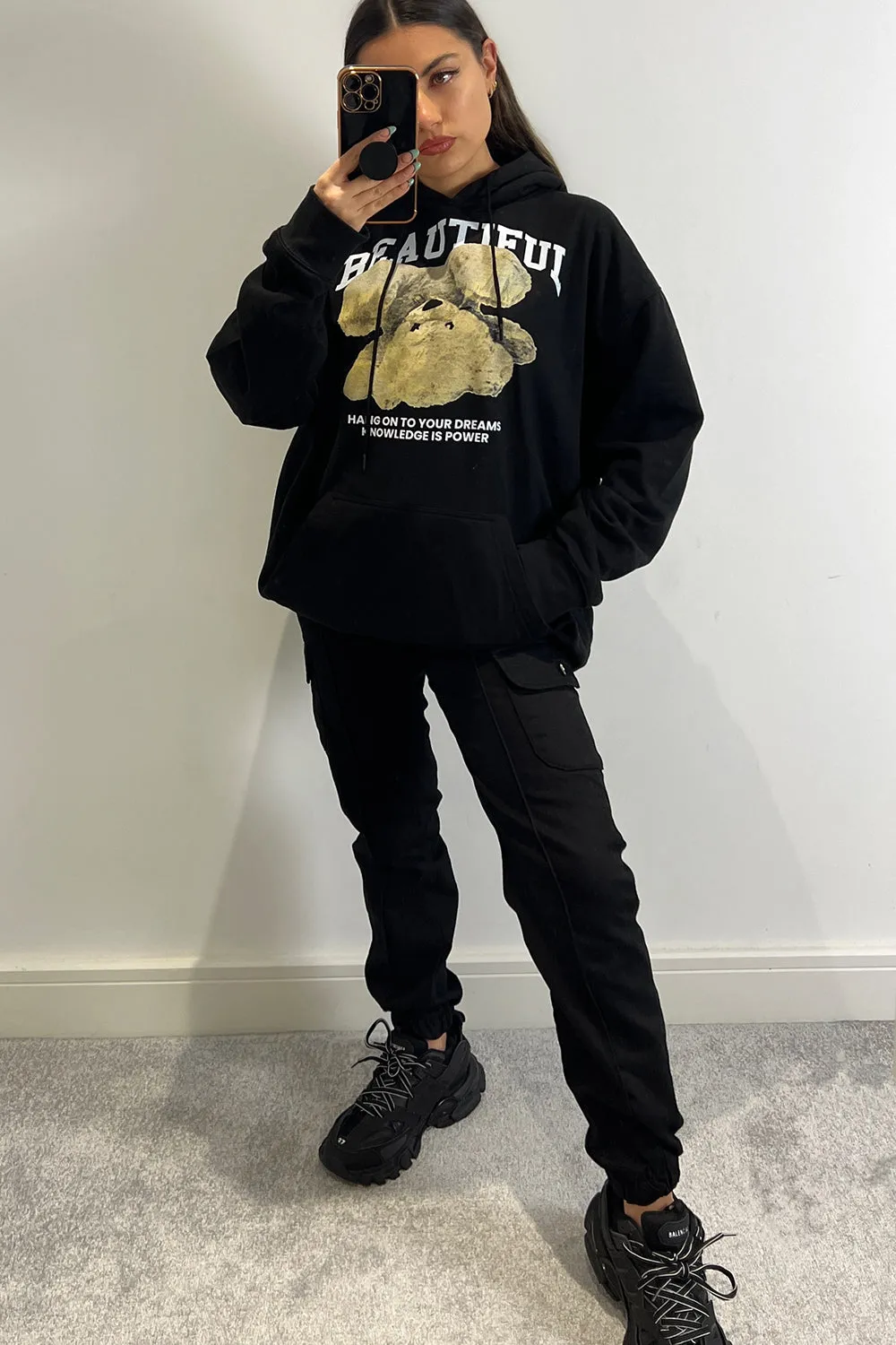 Ellis Black Beautiful Teddy Graphic Print Oversized Hoodie