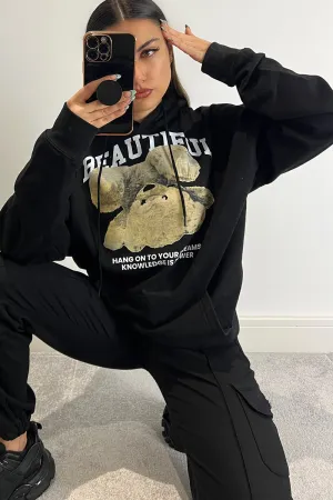 Ellis Black Beautiful Teddy Graphic Print Oversized Hoodie