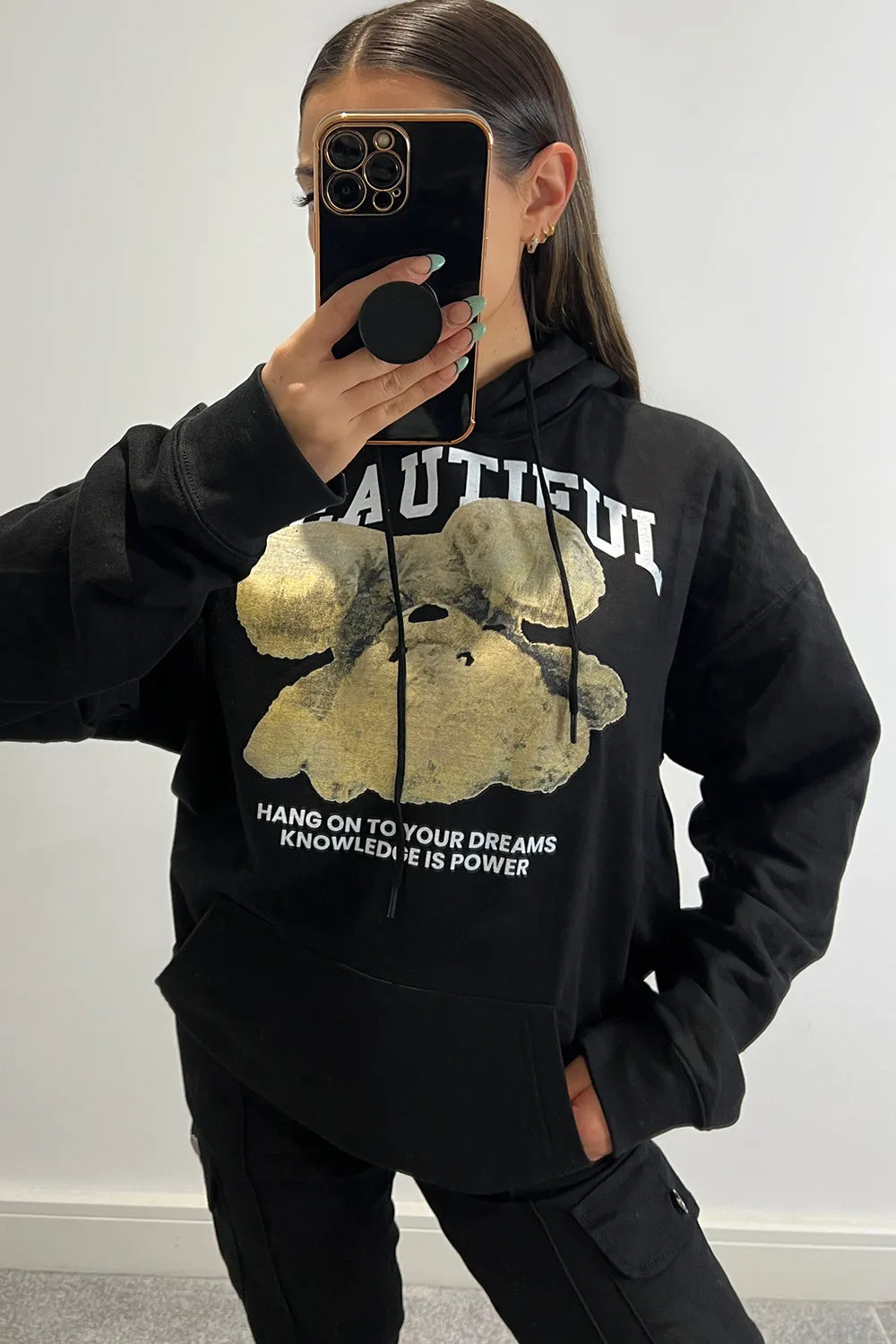 Ellis Black Beautiful Teddy Graphic Print Oversized Hoodie