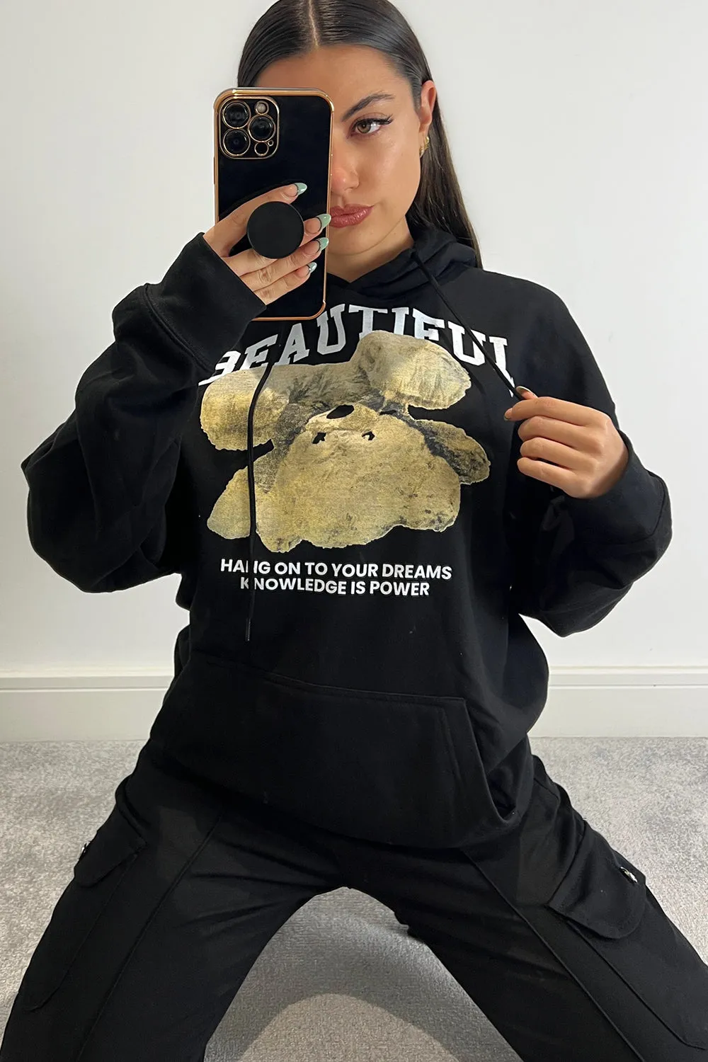 Ellis Black Beautiful Teddy Graphic Print Oversized Hoodie
