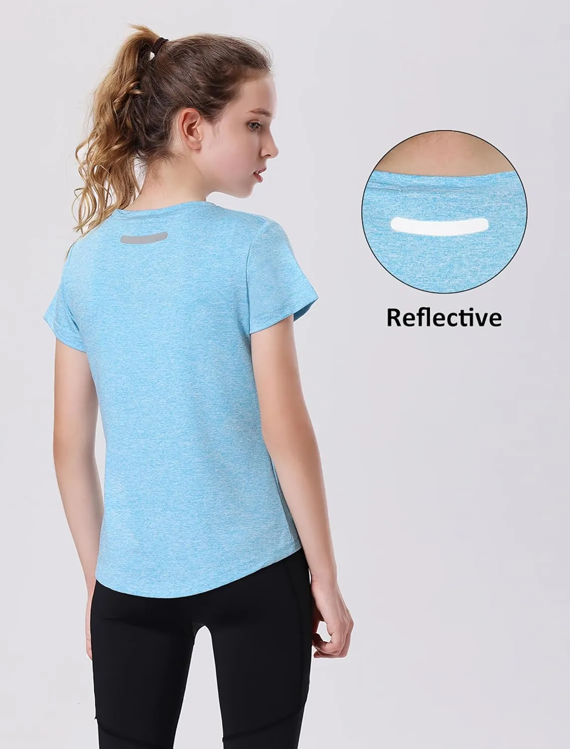 EXARUS 4 Pack Girls Athletic Shirts Quick Dry Short Sleeve Tshirts Crewneck Tee Workout Activewear Tops for Kids 8-16Y