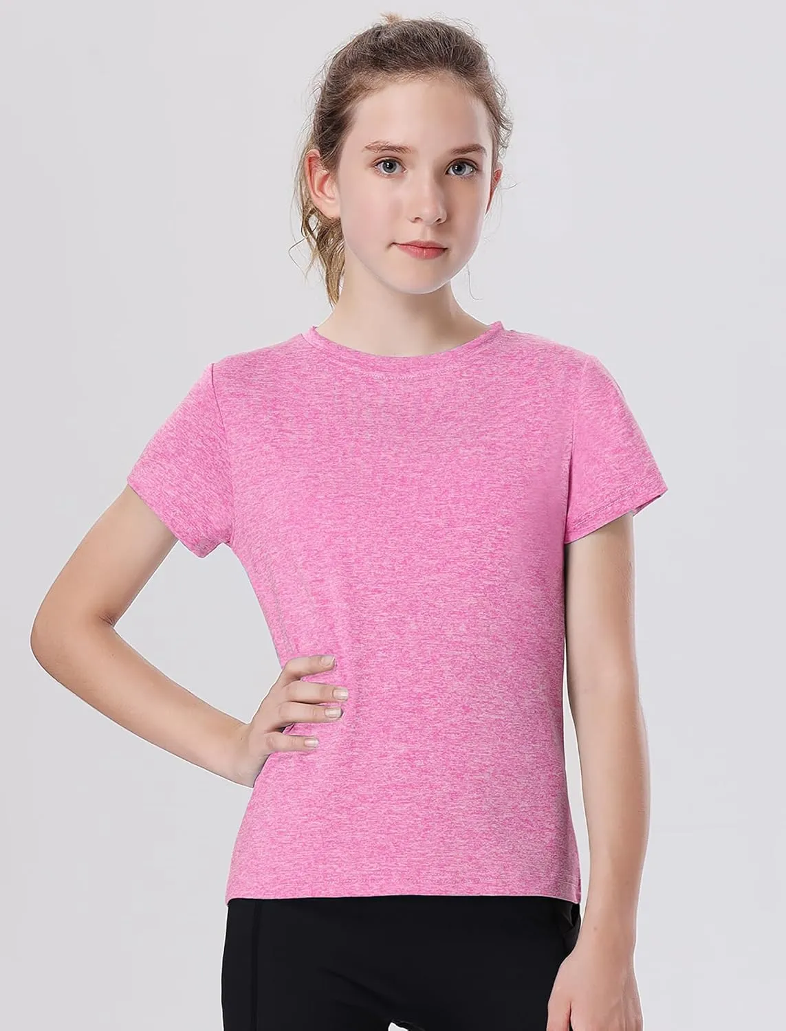 EXARUS 4 Pack Girls Athletic Shirts Quick Dry Short Sleeve Tshirts Crewneck Tee Workout Activewear Tops for Kids 8-16Y
