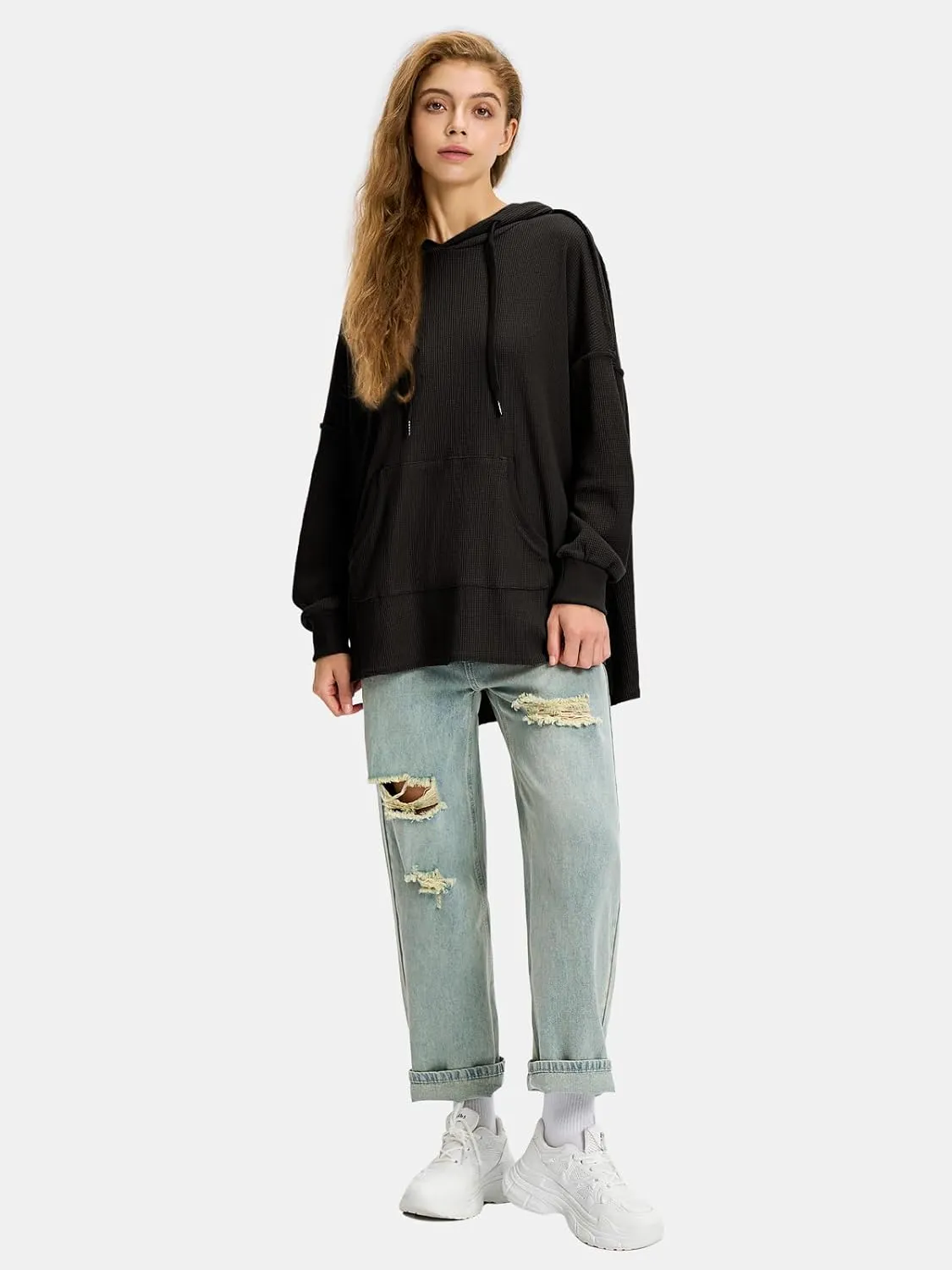 EXLURA Womens Oversized Waffle Hoodies Drawstring Lightweight Plus Size Pullover Sweatshirt with Pocket 2024 Trendy Outfits